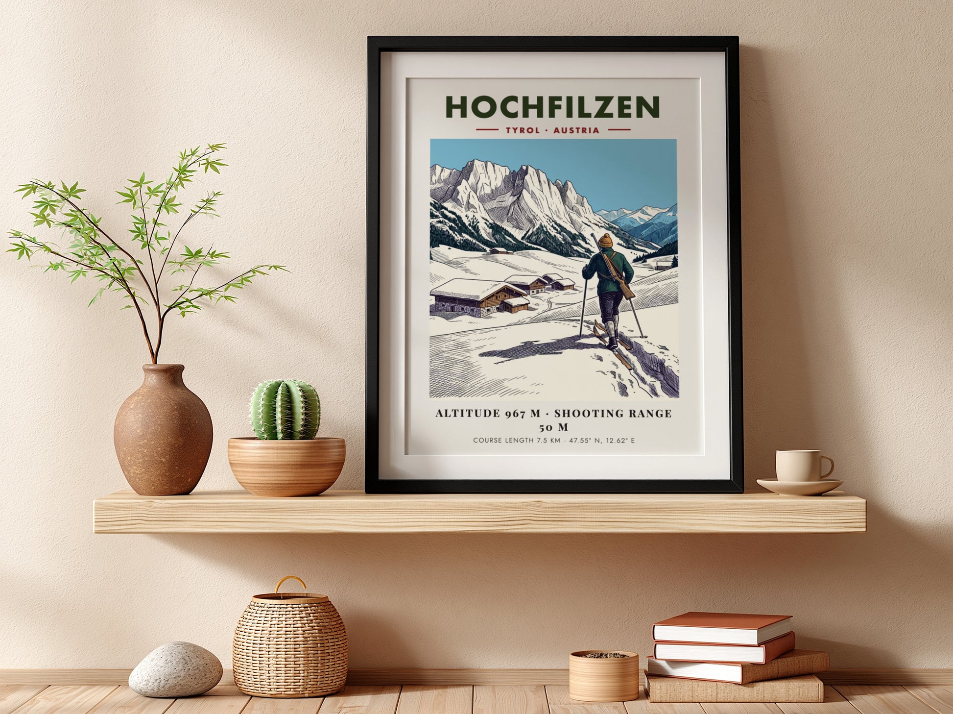 Poster of a biathlete skiing in Hochfilzen with snowy mountains and wooden cabins.