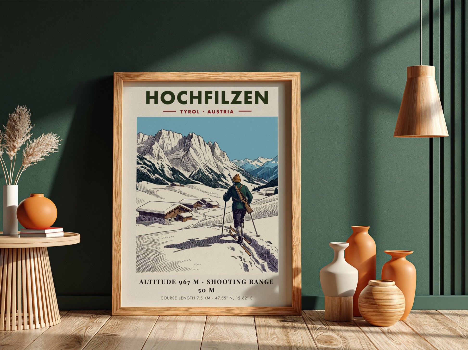 Poster of a biathlete skiing in Hochfilzen with snowy mountains and wooden cabins.