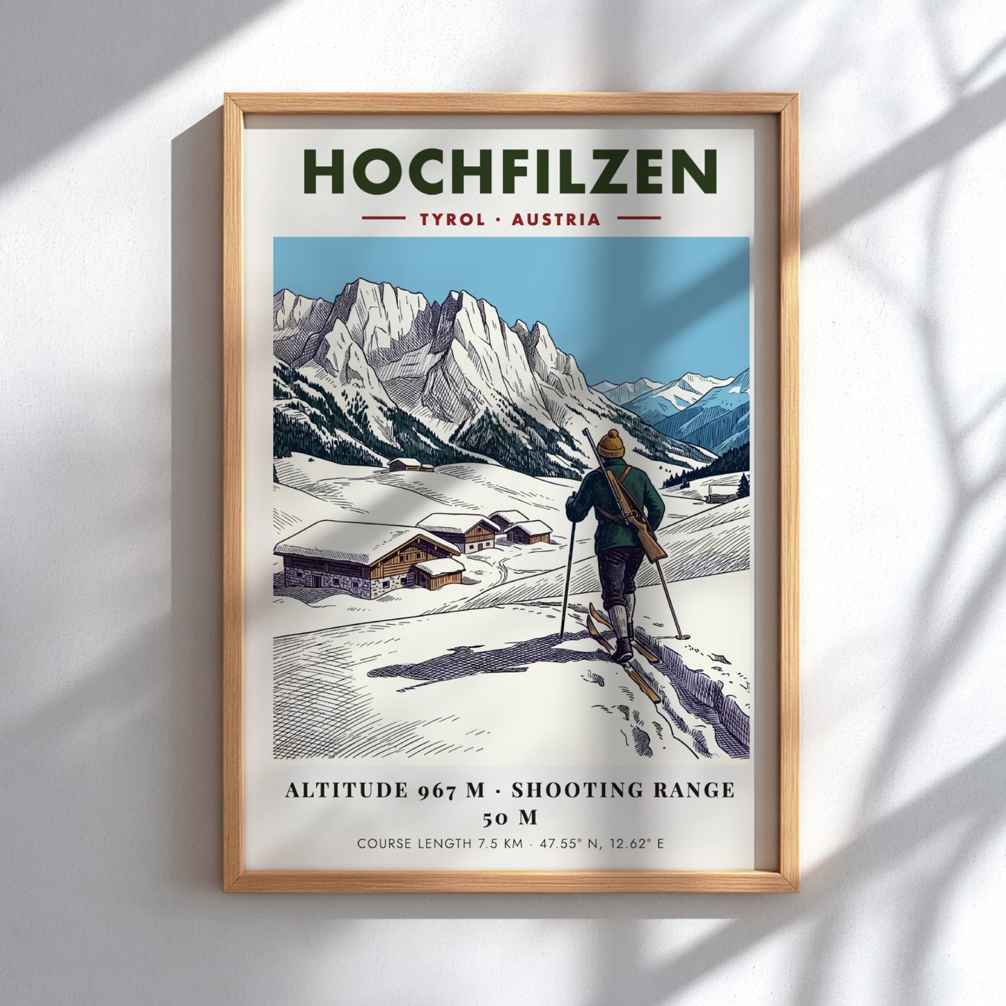 Poster of a biathlete skiing in Hochfilzen with snowy mountains and wooden cabins.