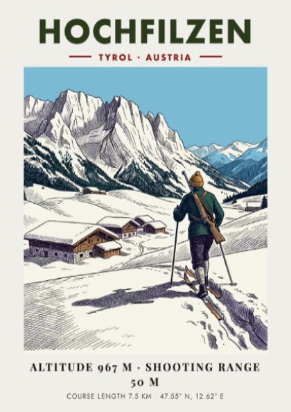 Poster of a biathlete skiing in Hochfilzen with snowy mountains and wooden cabins.