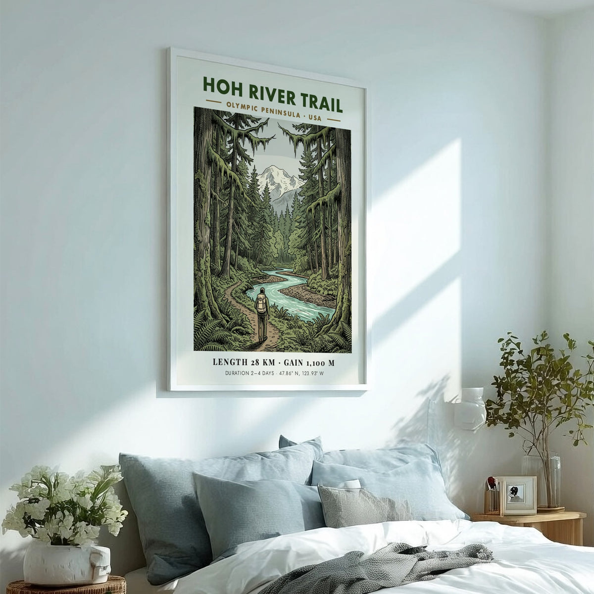 Poster of the Hoh River Trail in the Olympic Peninsula with lush trees.