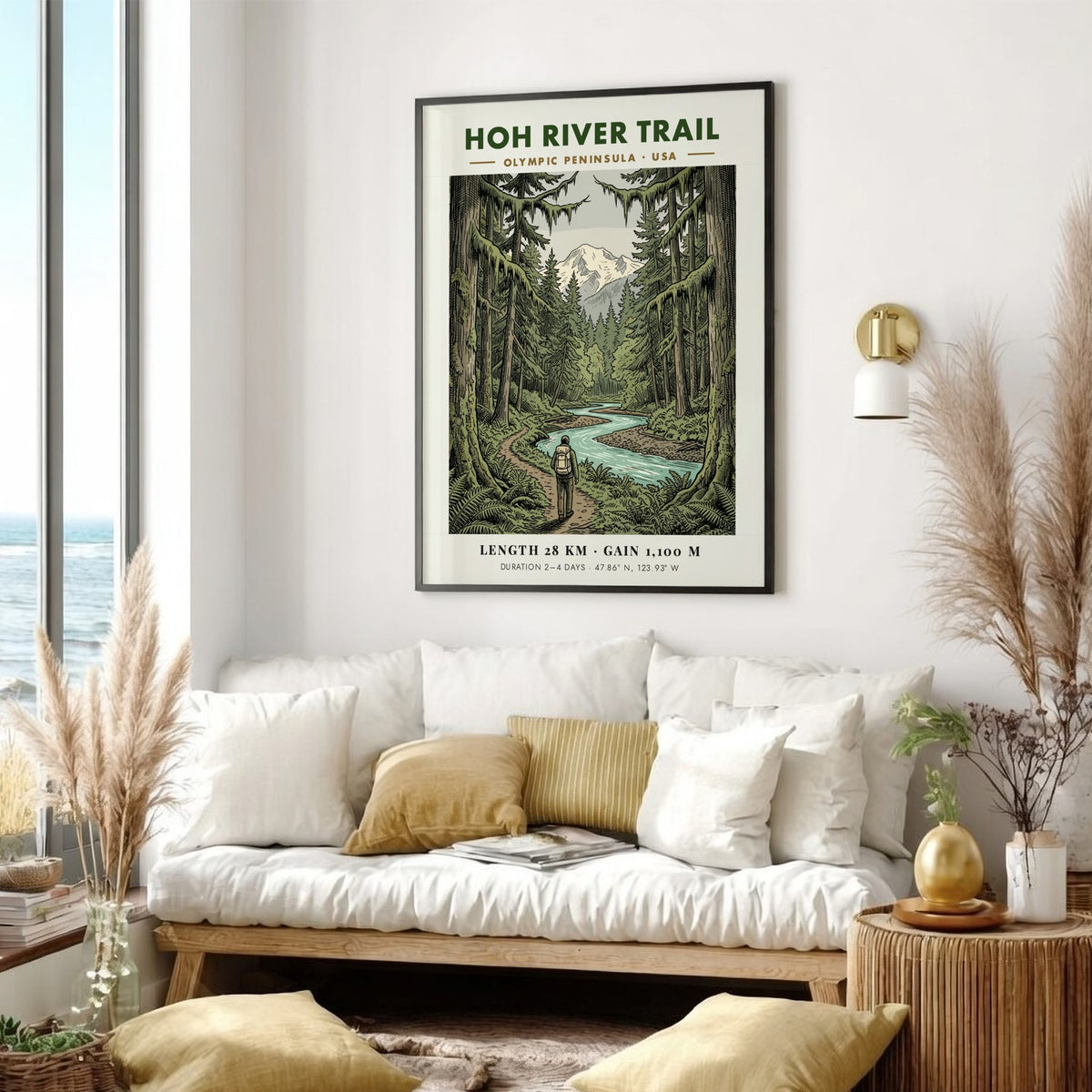 Poster of the Hoh River Trail in the Olympic Peninsula with lush trees.
