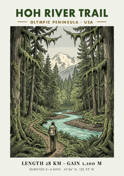 Poster of the Hoh River Trail in the Olympic Peninsula with lush trees.
