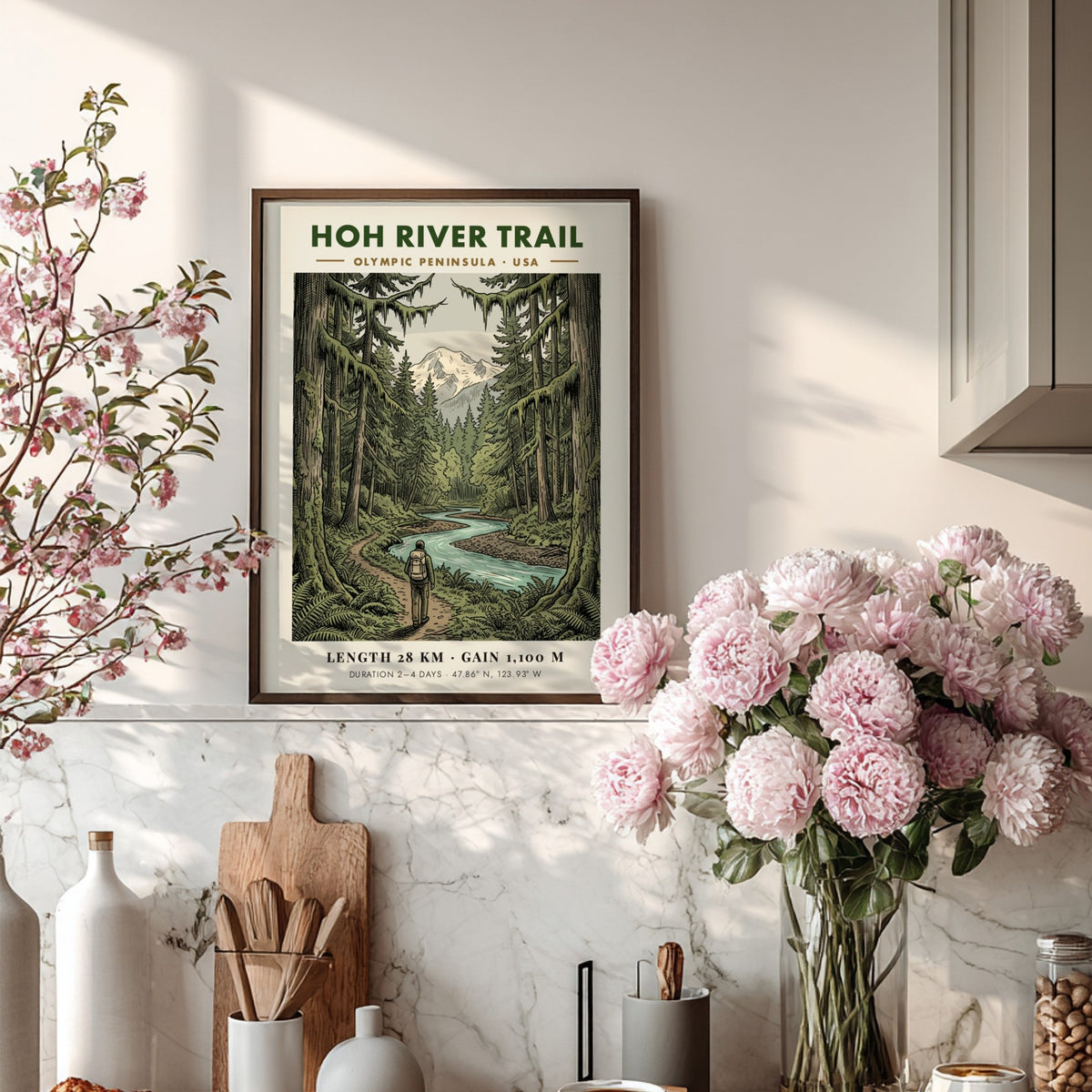 Poster of the Hoh River Trail in the Olympic Peninsula with lush trees.