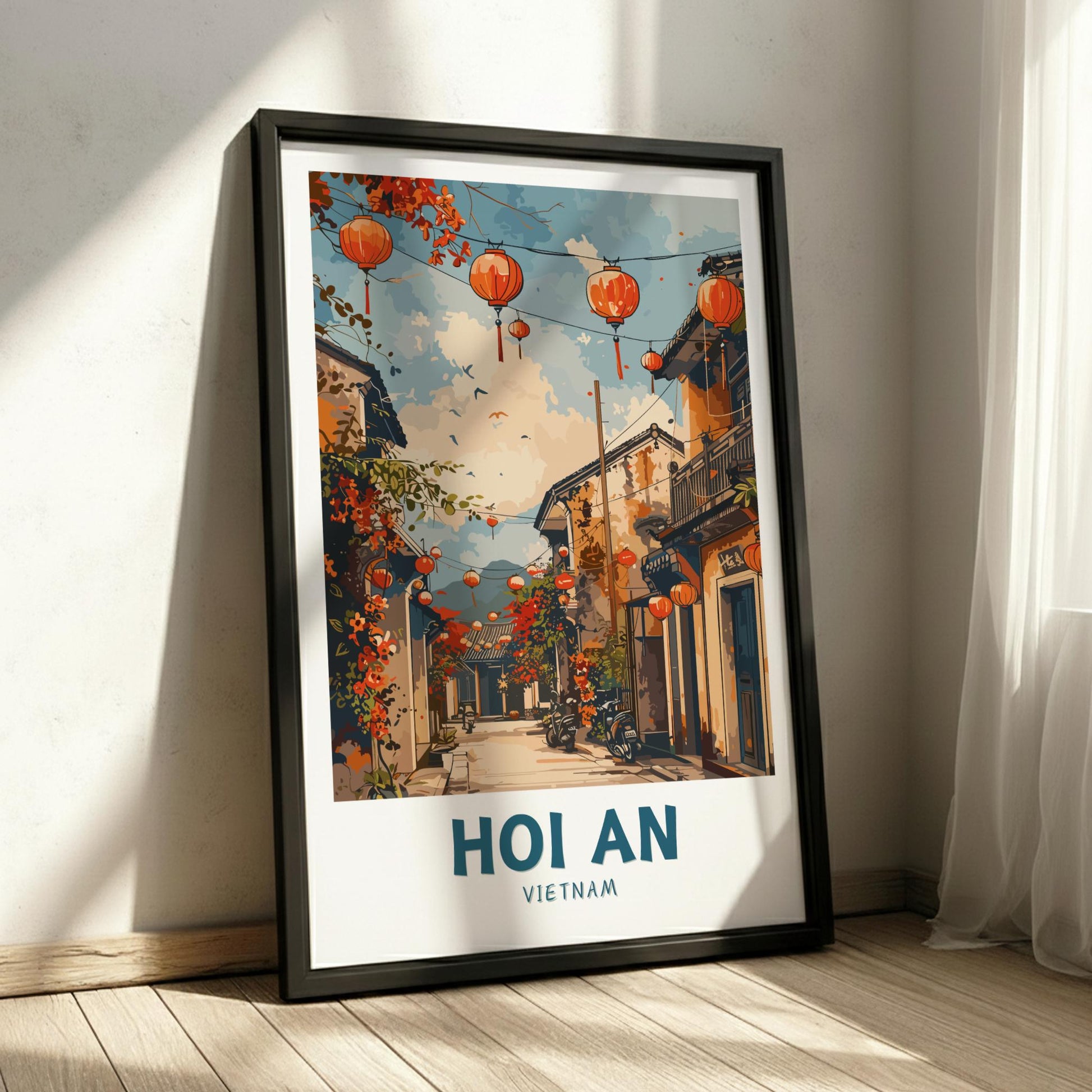 Framed poster of Hoi An, Vietnam with colorful street scene.
