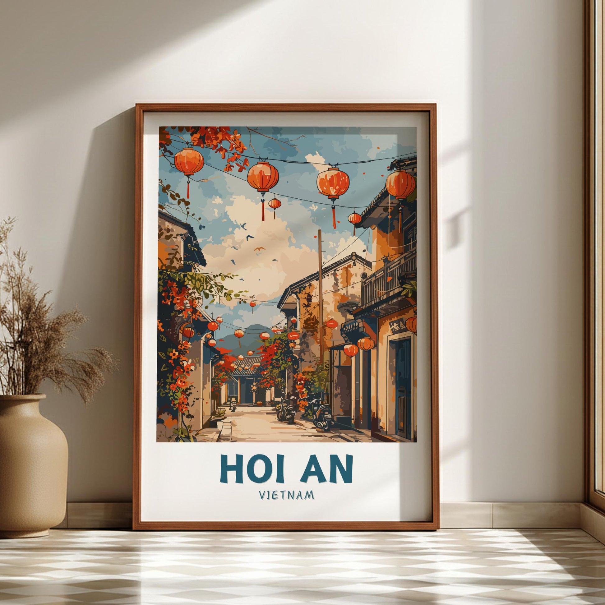 Framed artwork of Hoi An, Vietnam with decorative lanterns on a wall.