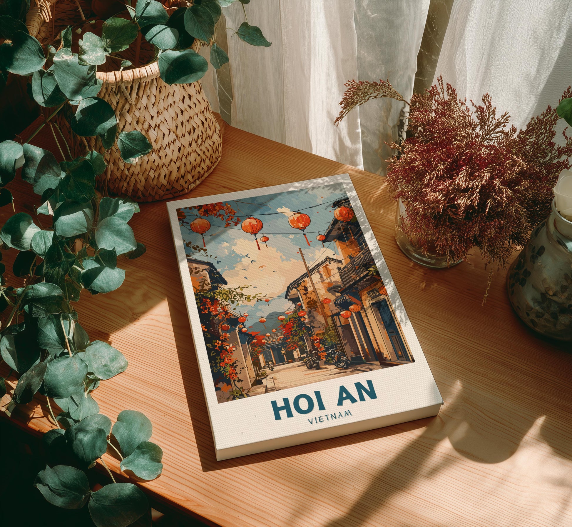 Canvas 'Hoi An Vietnam' on a wooden table with plants