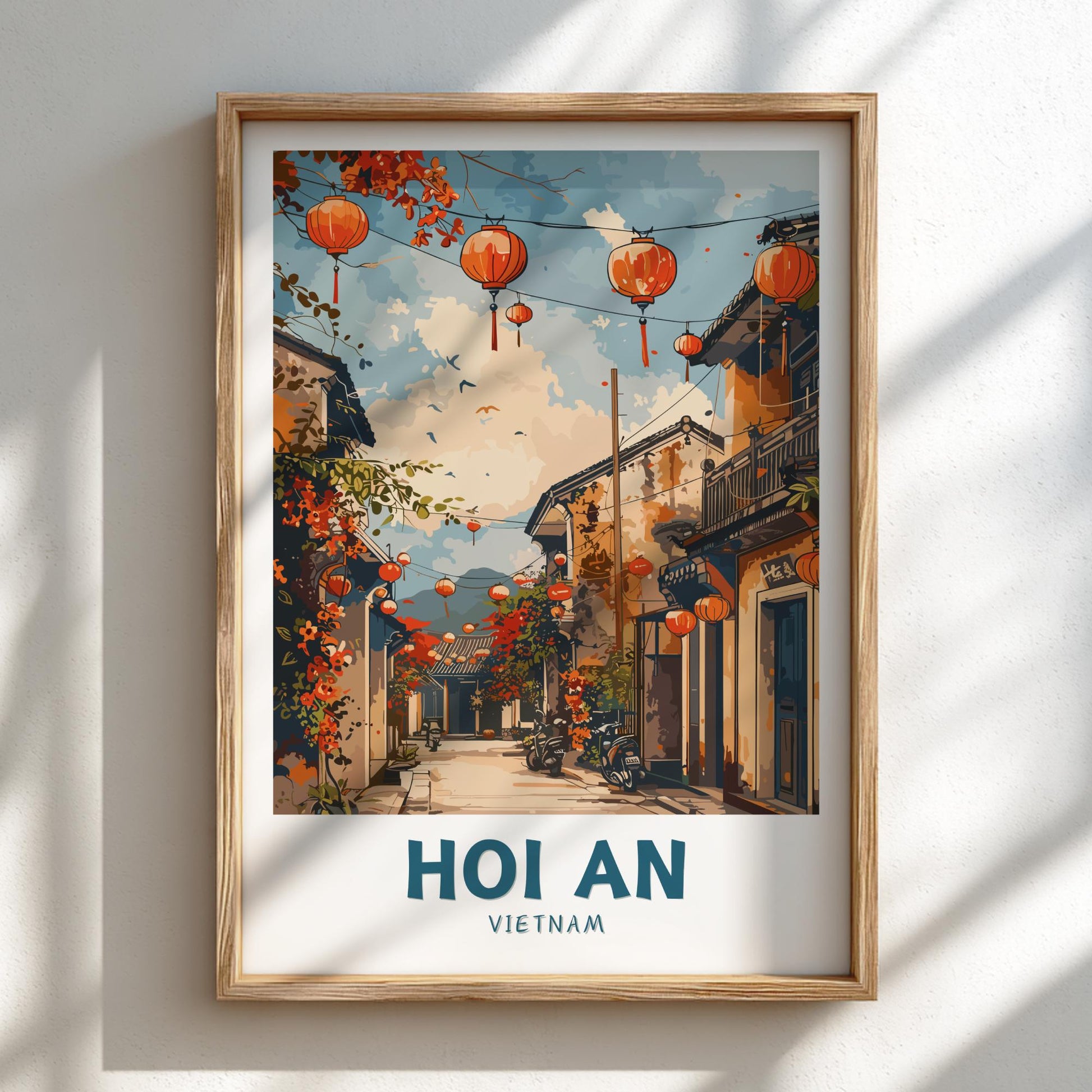 Framed artwork of Hoi An, Vietnam with colorful lanterns and traditional architecture.