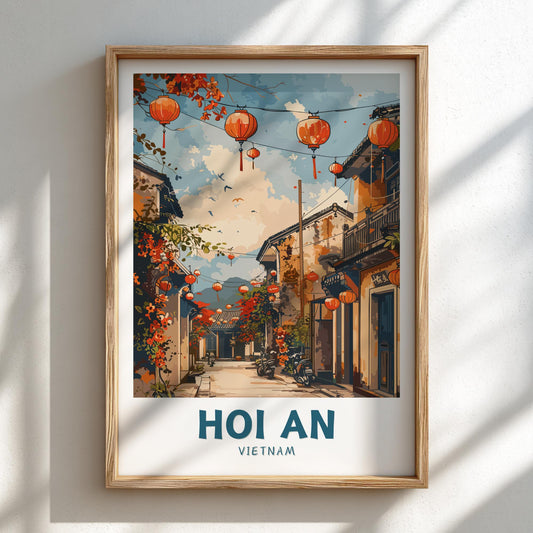 Framed artwork of Hoi An, Vietnam with colorful lanterns and traditional architecture.