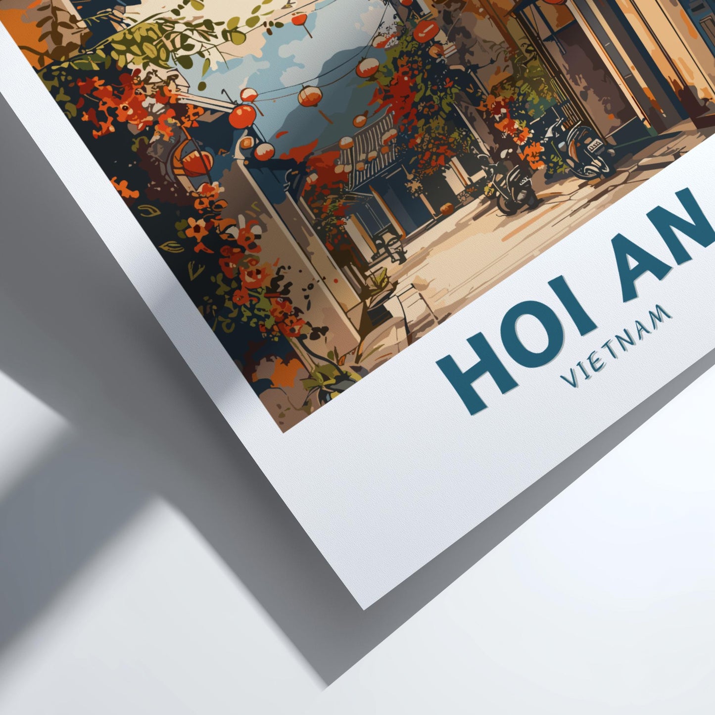 Framed artwork of Hoi An, Vietnam with decorative elements.