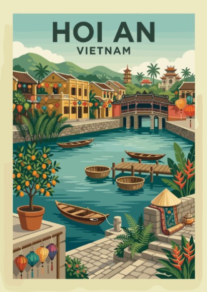 Vintage Hoi An Vietnam travel poster featuring a canal, boats, and traditional architecture in a warm color