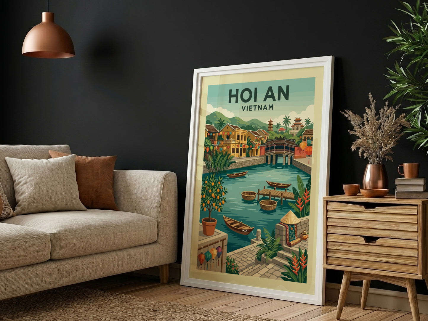 Vintage Hoi An Vietnam travel poster featuring a canal, boats, and traditional architecture in a warm color