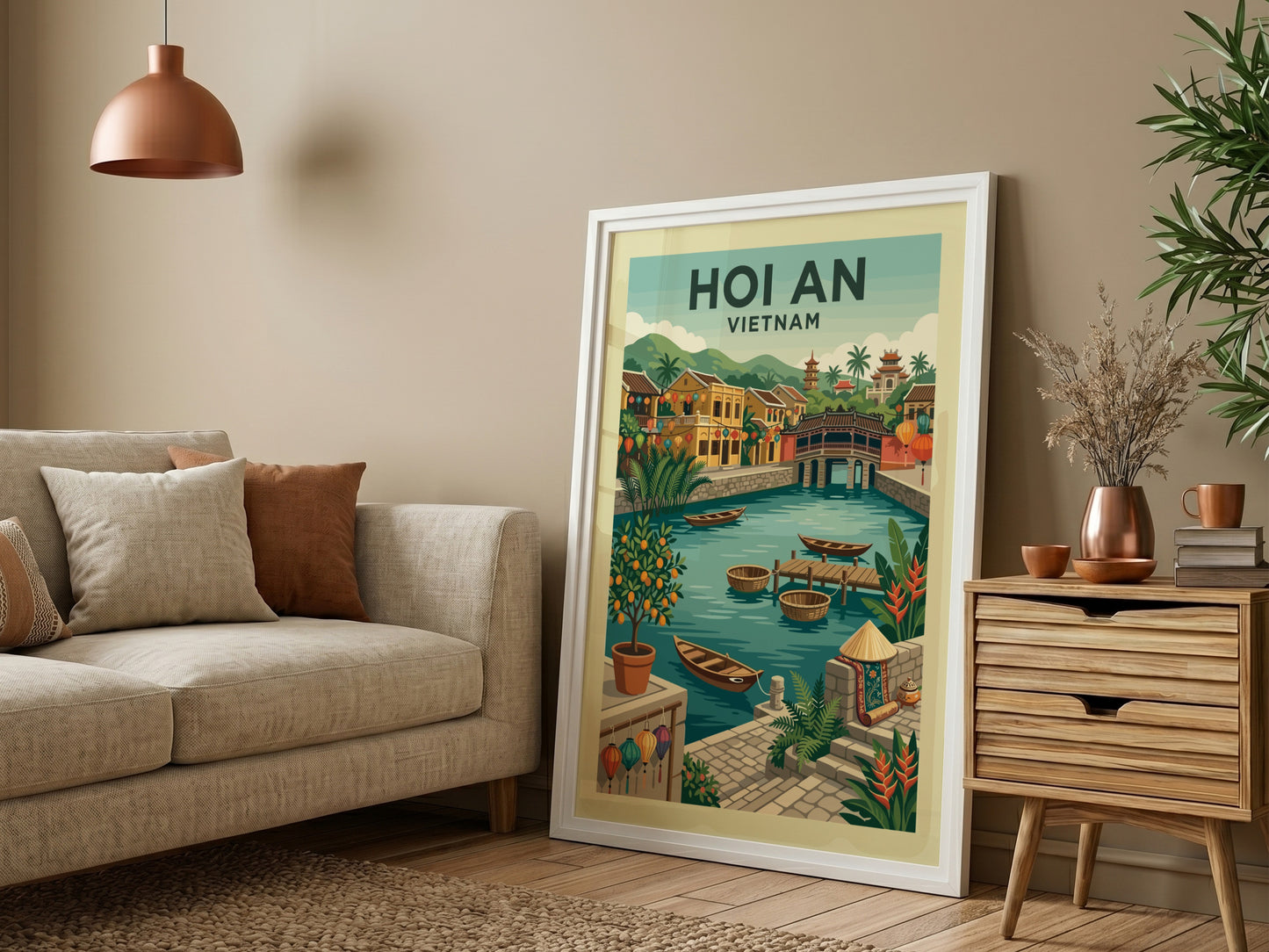 Vintage Hoi An Vietnam travel poster featuring a canal, boats, and traditional architecture in a warm color