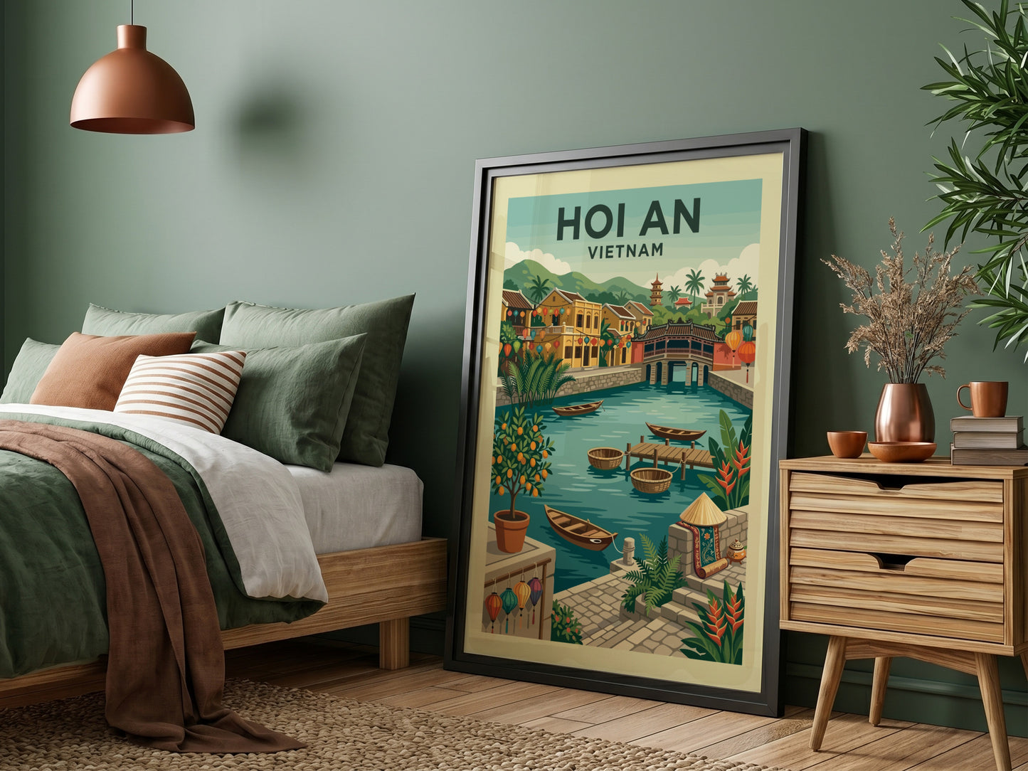 Vintage Hoi An Vietnam travel poster featuring a canal, boats, and traditional architecture in a warm color