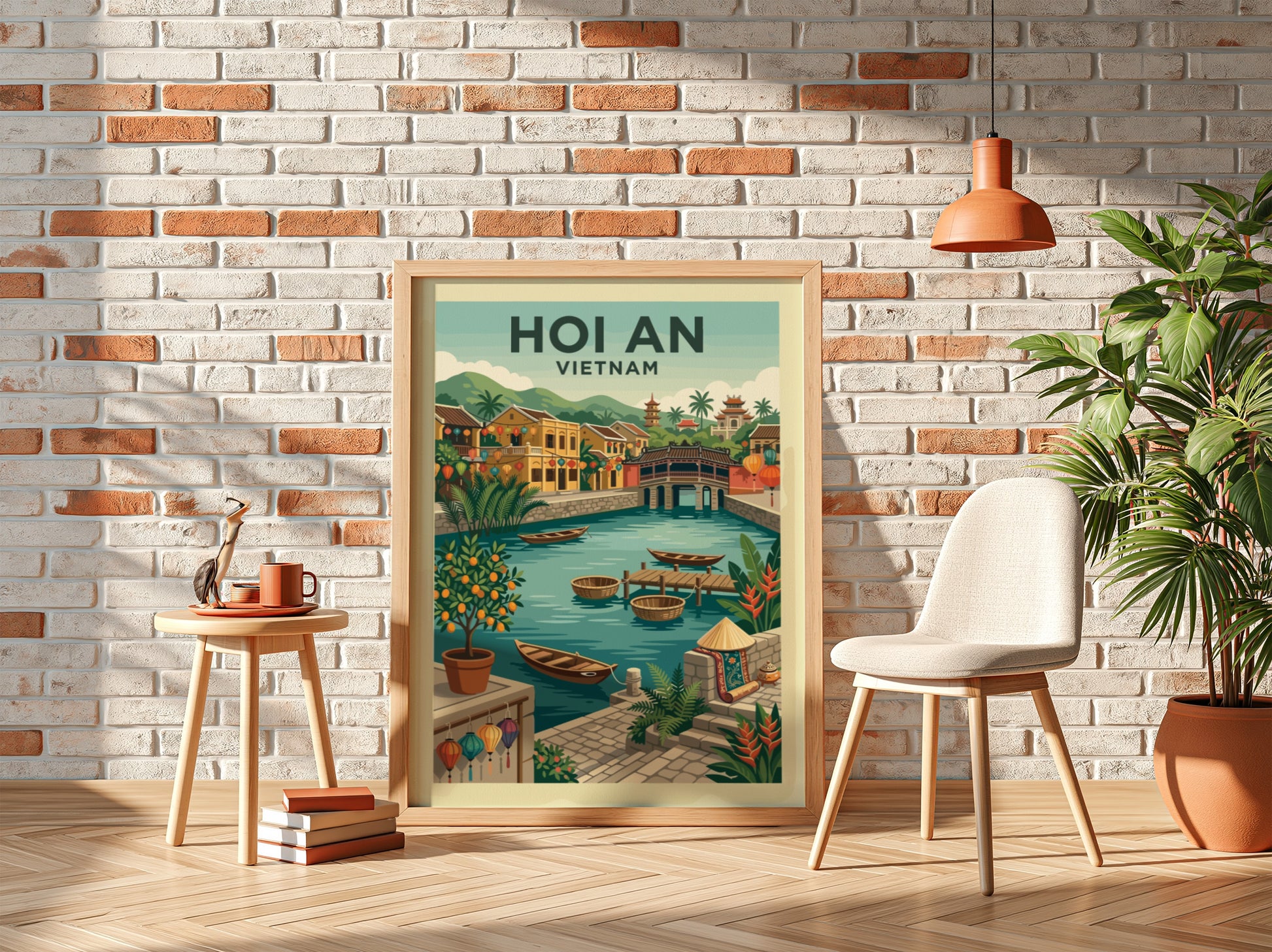 Vintage Hoi An Vietnam travel poster featuring a canal, boats, and traditional architecture in a warm color