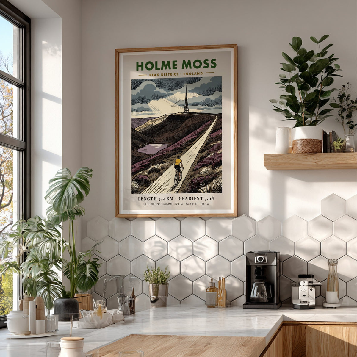 Poster featuring the Holme Moss cycling climb with a cyclist and transmission tower.