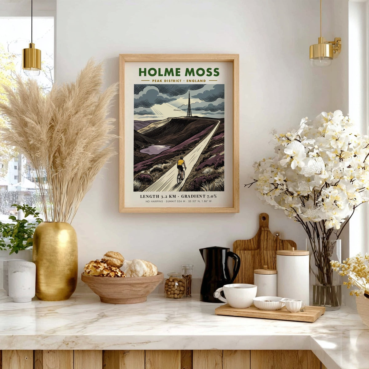 Poster featuring the Holme Moss cycling climb with a cyclist and transmission tower.