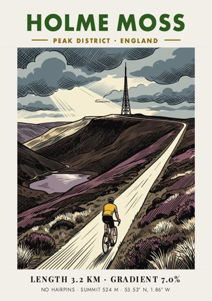 Poster featuring the Holme Moss cycling climb with a cyclist and transmission tower.