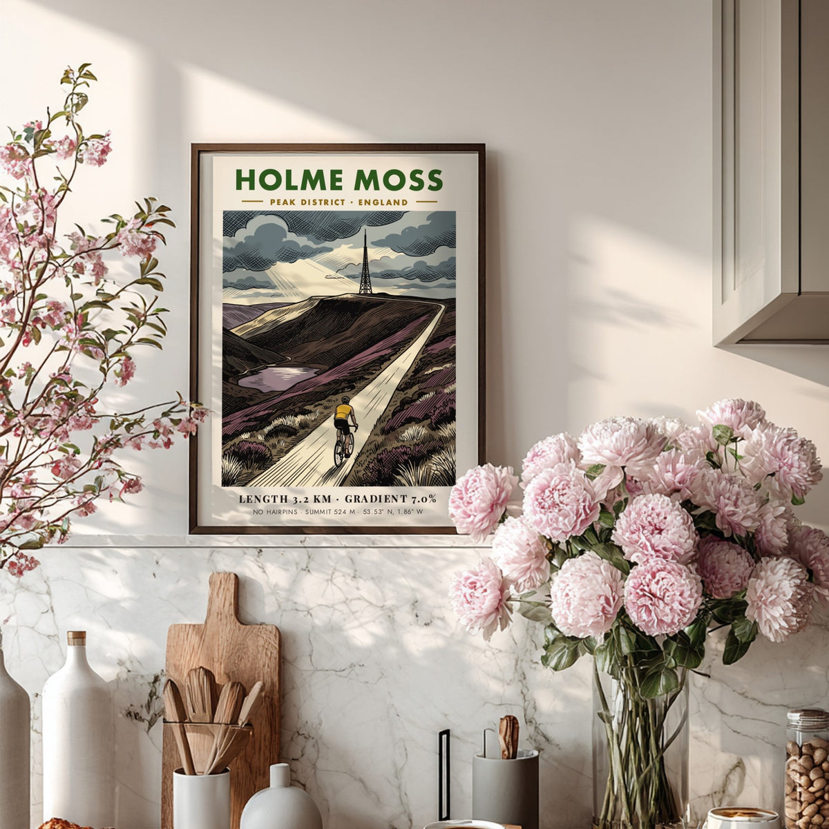 Poster featuring the Holme Moss cycling climb with a cyclist and transmission tower.