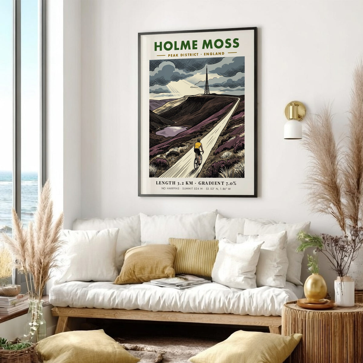 Poster featuring the Holme Moss cycling climb with a cyclist and transmission tower.