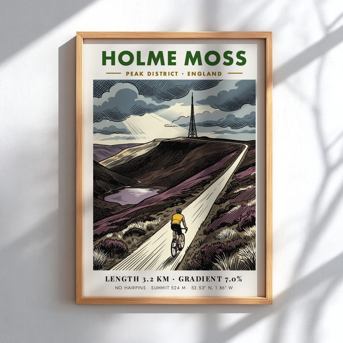 Poster featuring the Holme Moss cycling climb with a cyclist and transmission tower.