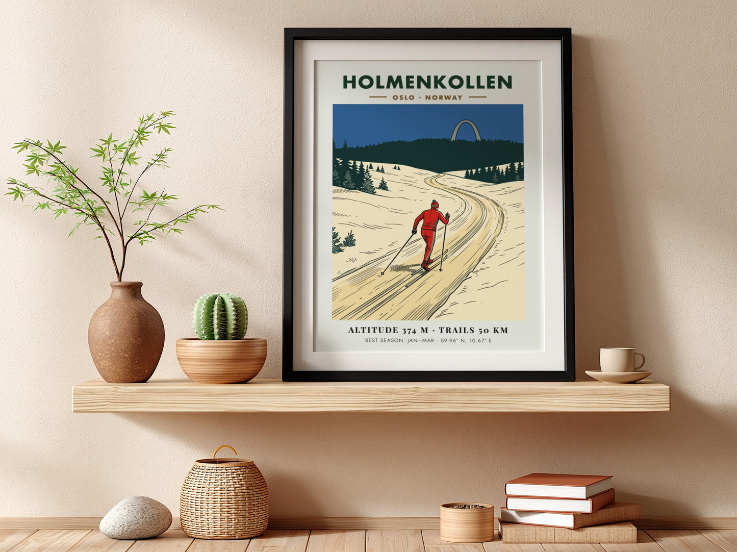 Poster of a skier on a snowy trail in Holmenkollen Oslo Norway, vintage style.