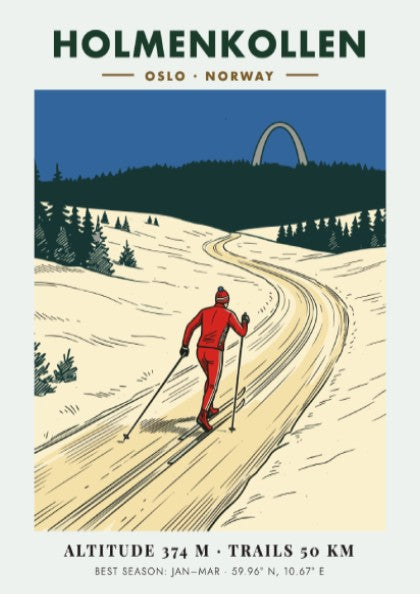 Poster of a skier on a snowy trail in Holmenkollen Oslo Norway, vintage style.