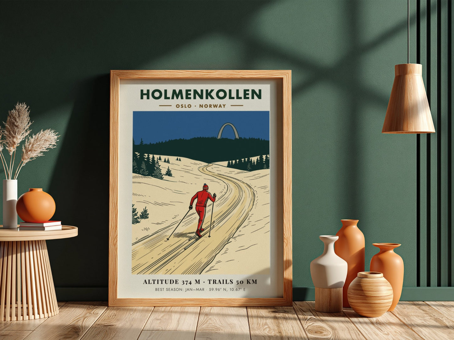 Poster of a skier on a snowy trail in Holmenkollen Oslo Norway, vintage style.