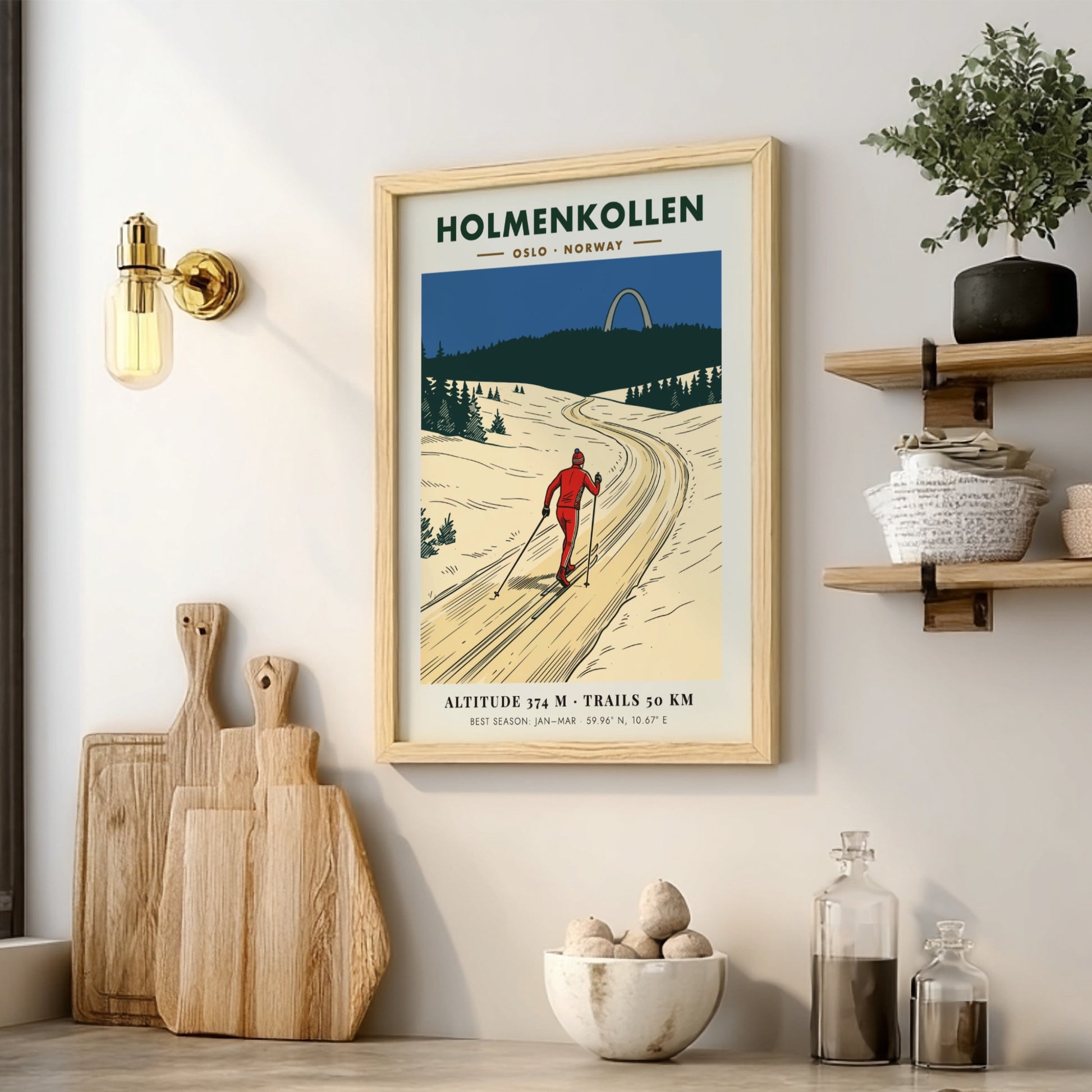 Poster of a skier on a snowy trail in Holmenkollen Oslo Norway, vintage style.
