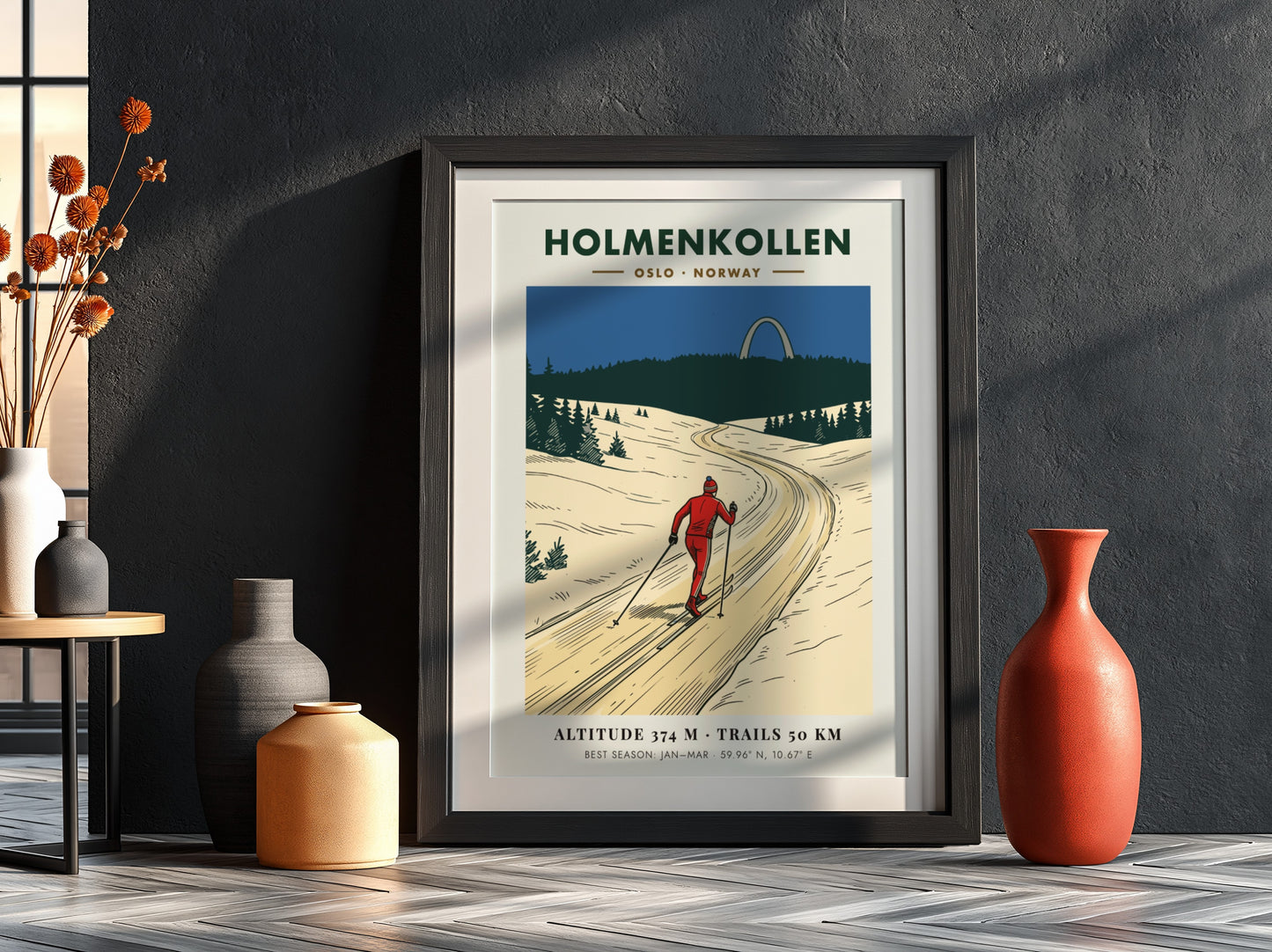 Poster of a skier on a snowy trail in Holmenkollen Oslo Norway, vintage style.