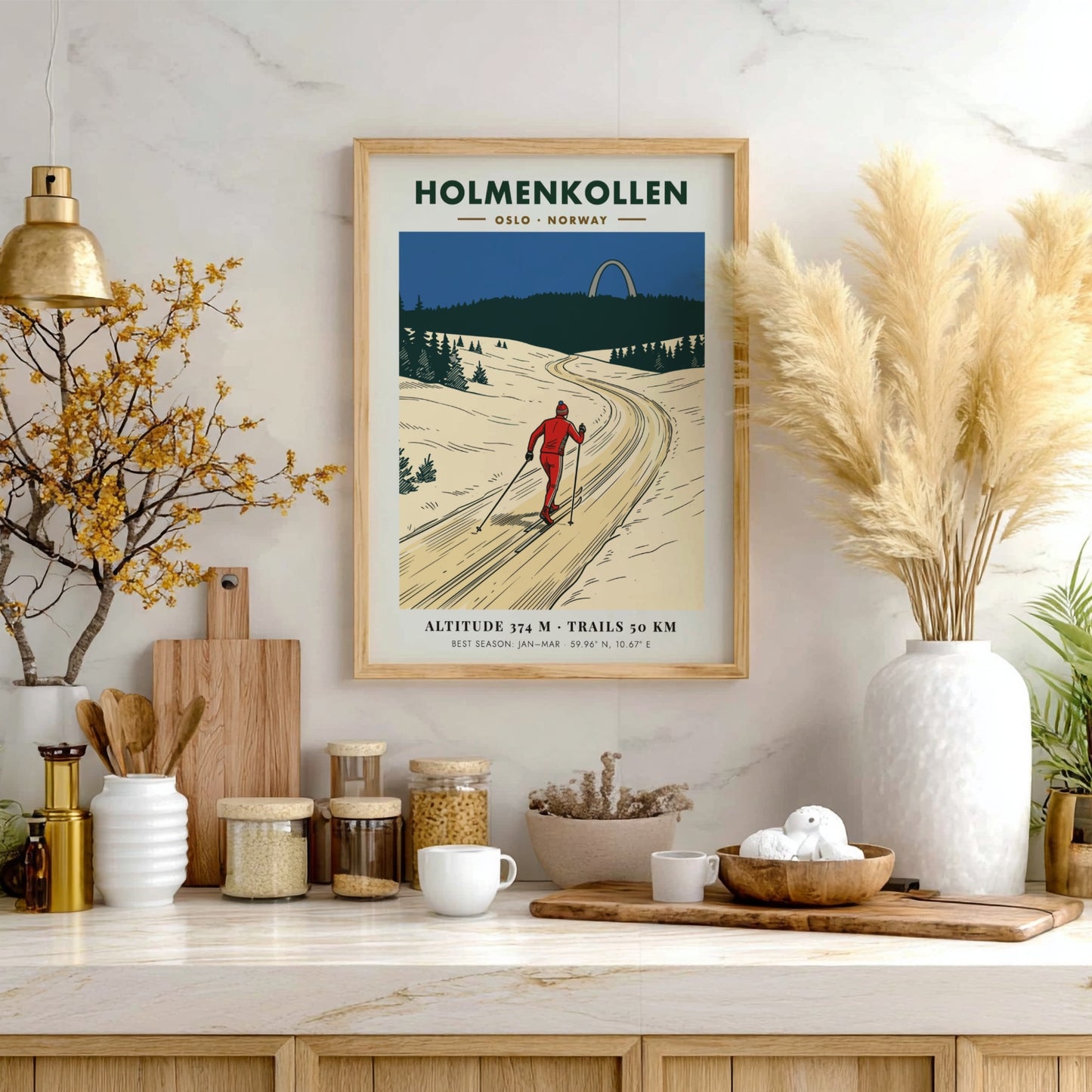 Poster of a skier on a snowy trail in Holmenkollen Oslo Norway, vintage style.