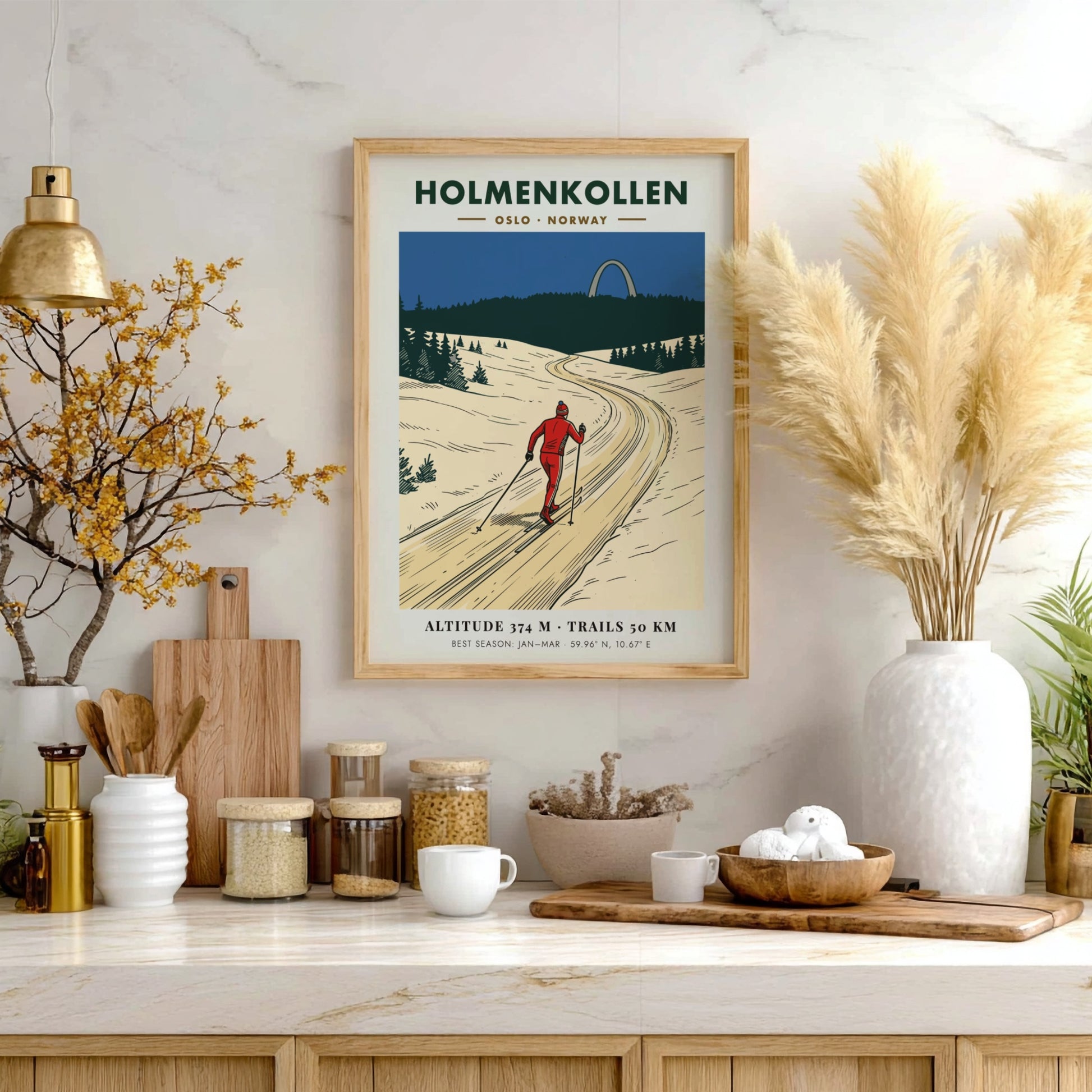 Poster of a skier on a snowy trail in Holmenkollen Oslo Norway, vintage style.