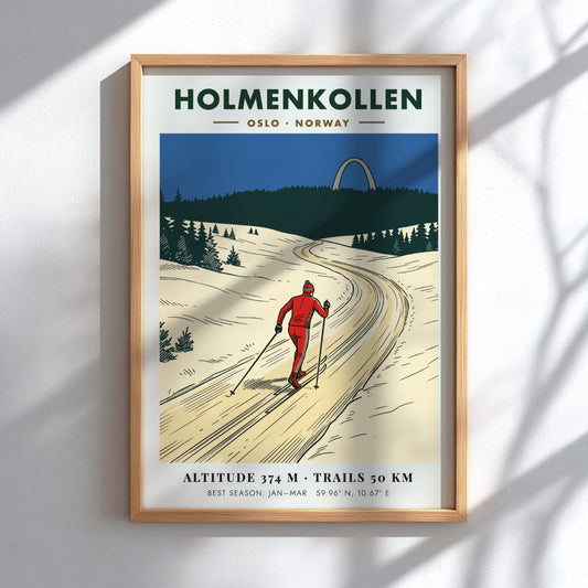 Poster of a skier on a snowy trail in Holmenkollen Oslo Norway, vintage style.