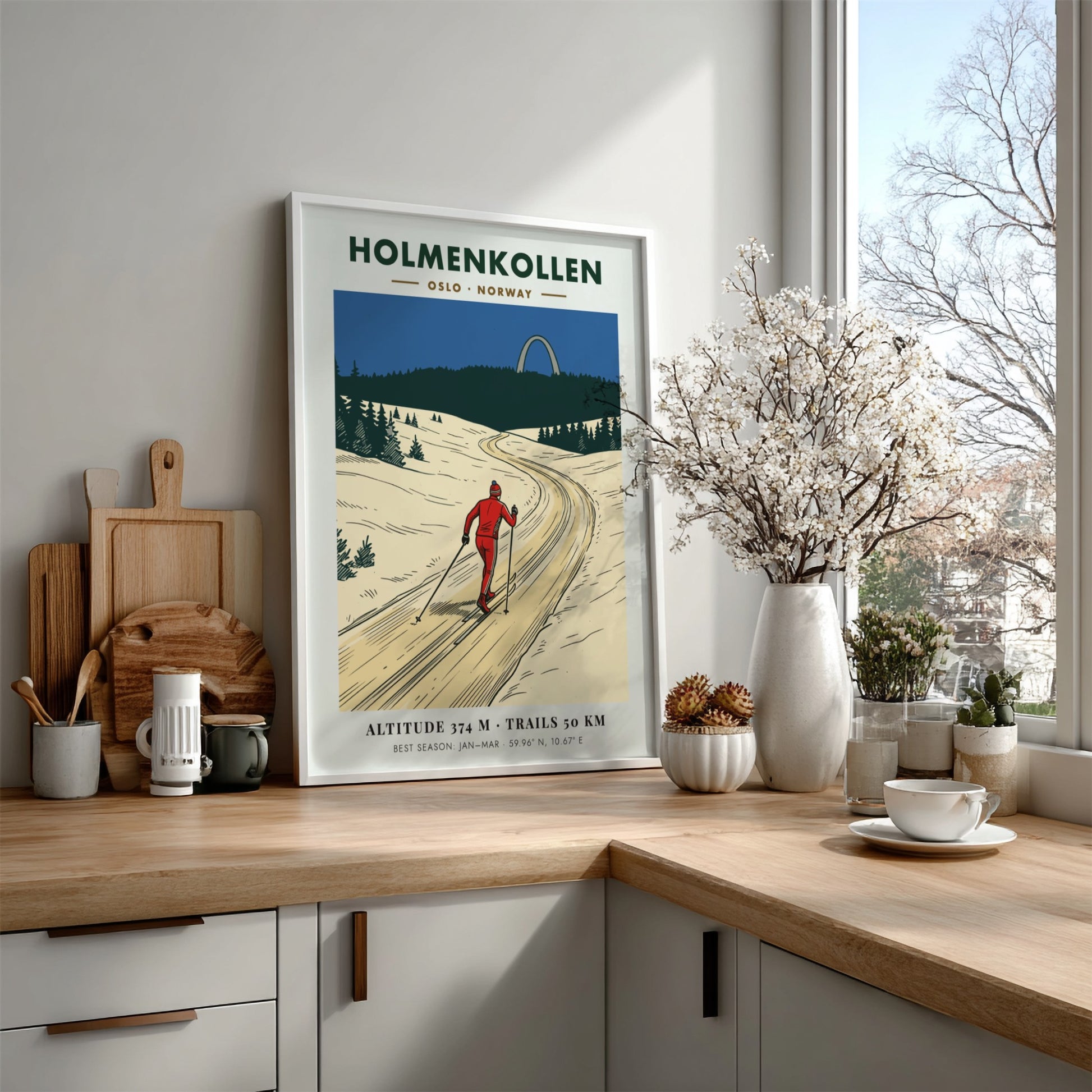 Poster of a skier on a snowy trail in Holmenkollen Oslo Norway, vintage style.