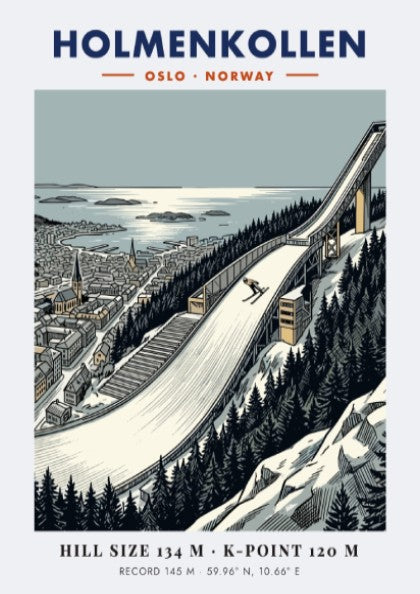 Poster of the Holmenkollen ski jump in Oslo with evergreen trees and fjord scenery.