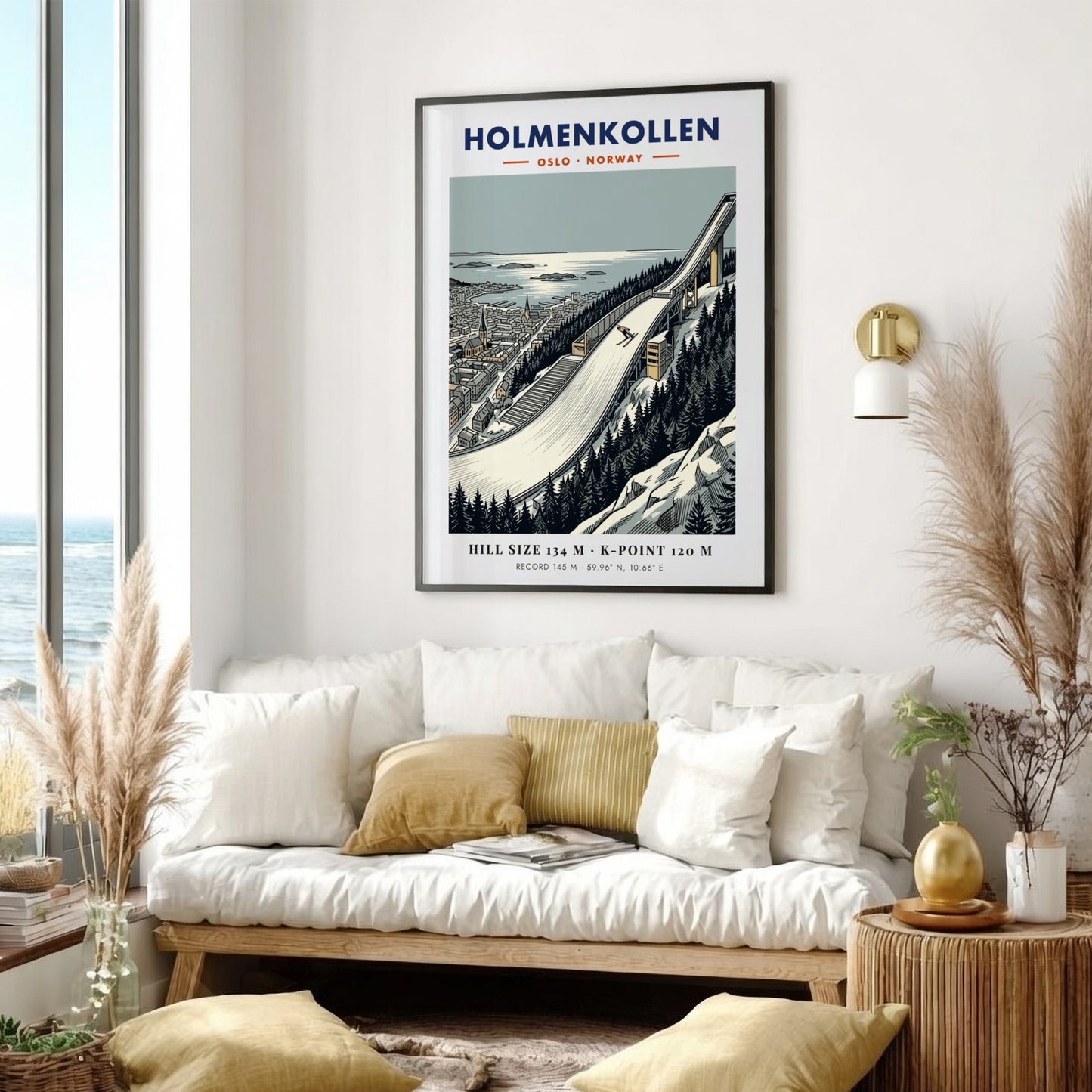 Poster of the Holmenkollen ski jump in Oslo with evergreen trees and fjord scenery.
