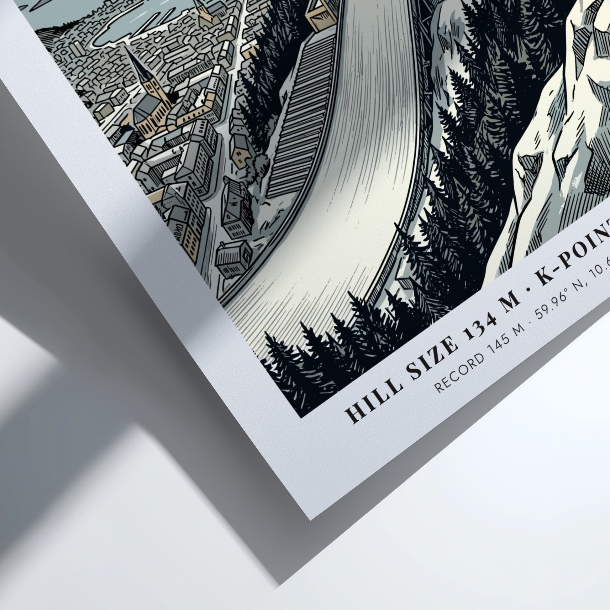 Poster of the Holmenkollen ski jump in Oslo with evergreen trees and fjord scenery.