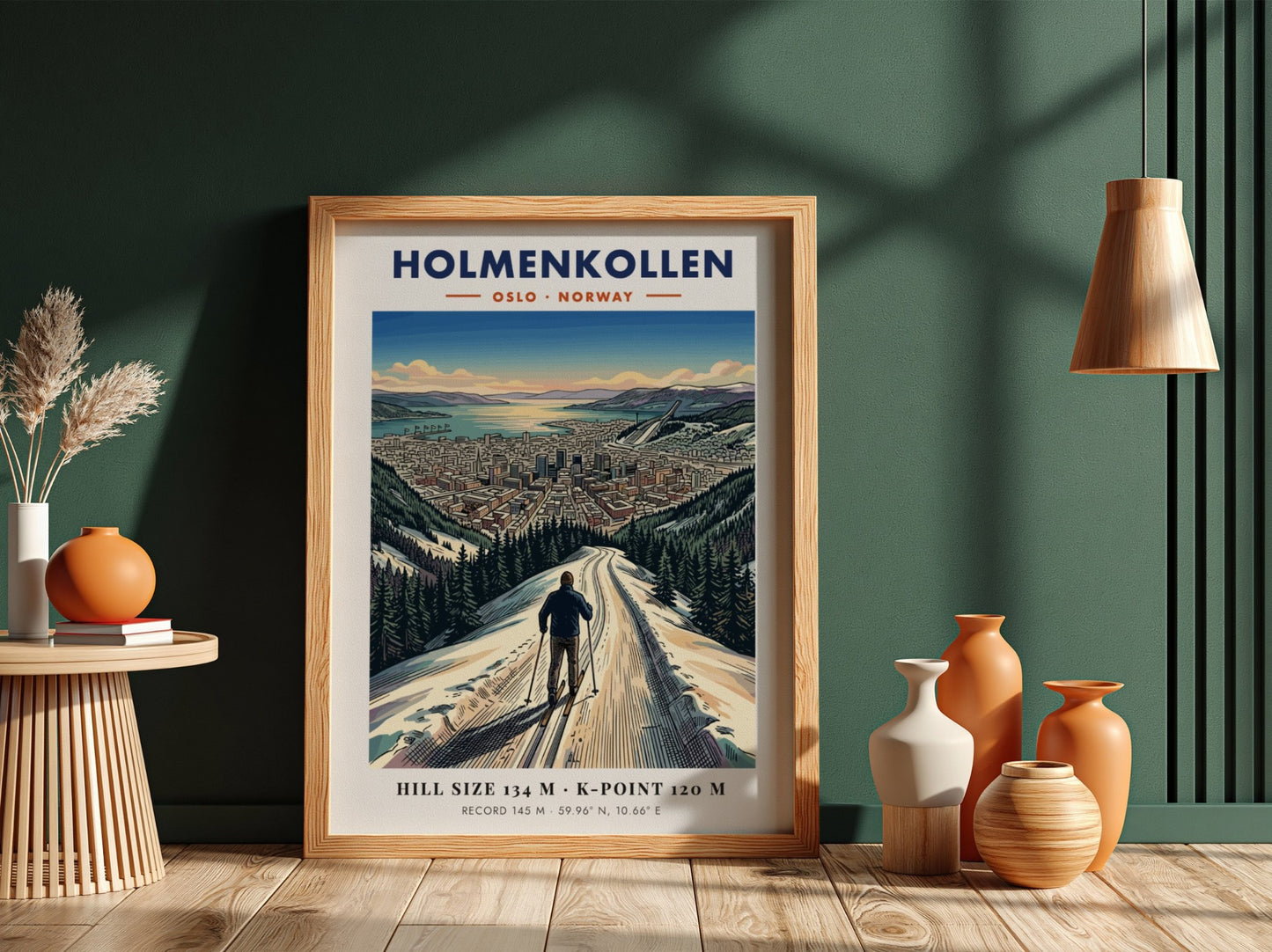 Poster of a skier looking over the city of Holmenkollen Oslo Norway landscape