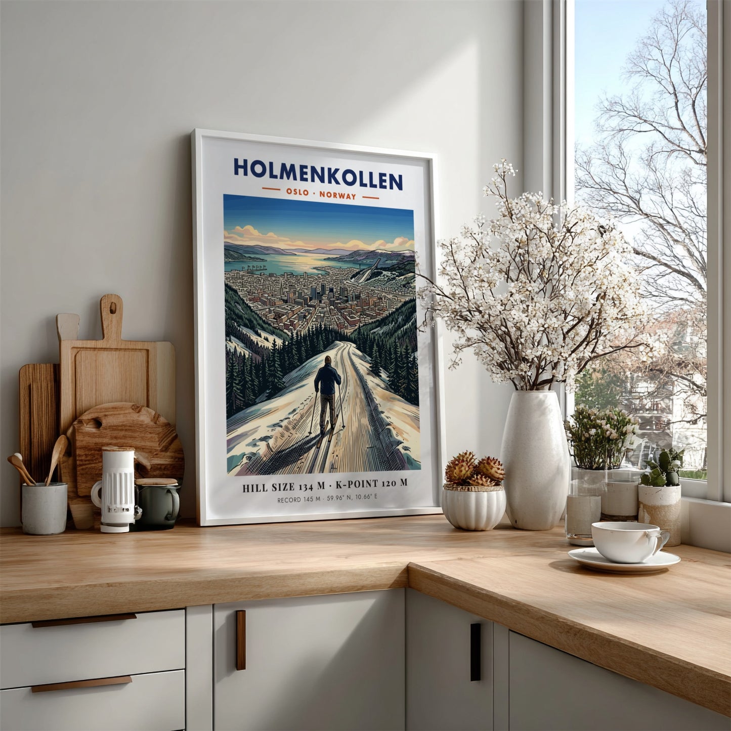 Poster of a skier looking over the city of Holmenkollen Oslo Norway landscape