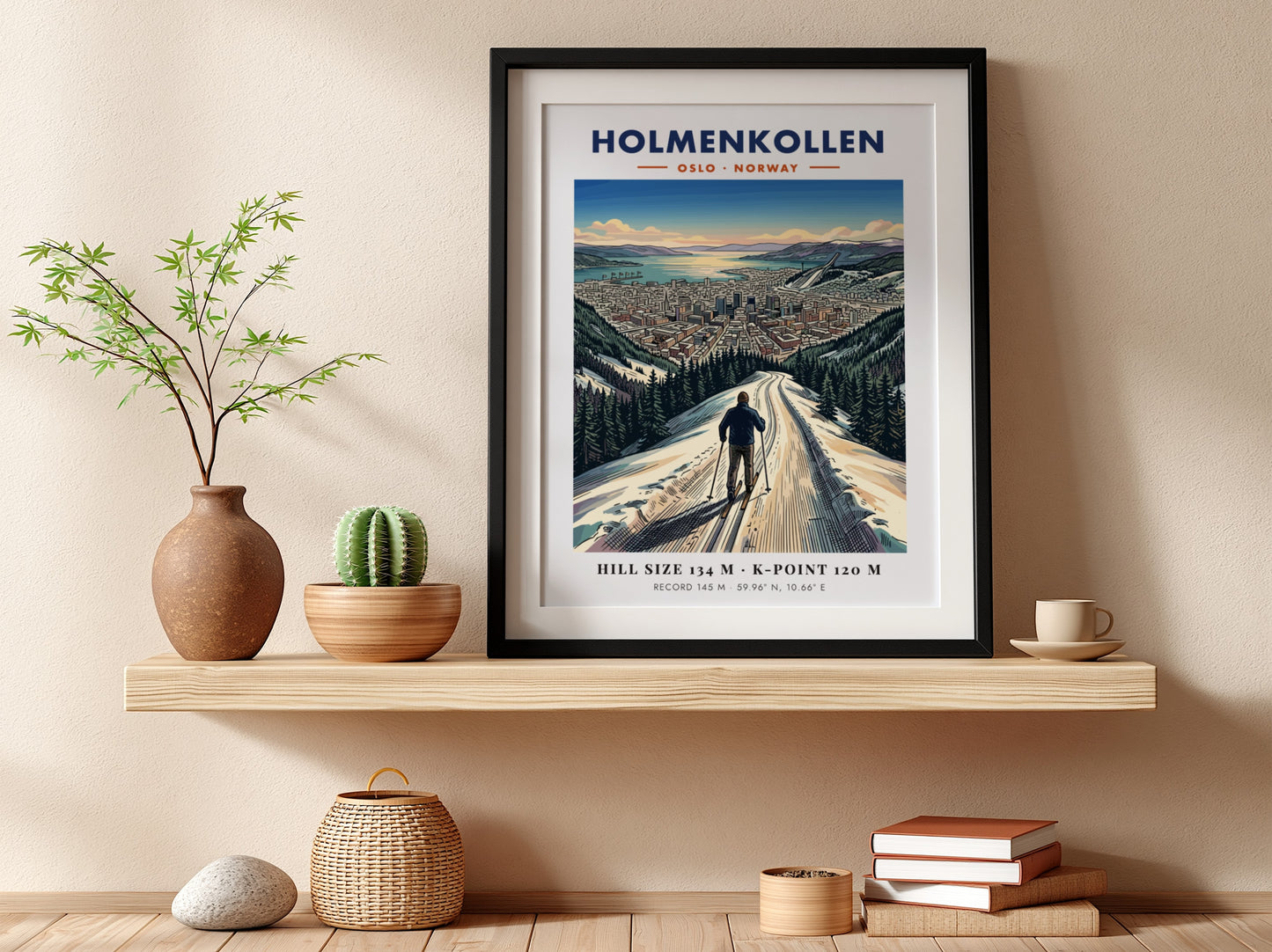 Poster of a skier looking over the city of Holmenkollen Oslo Norway landscape