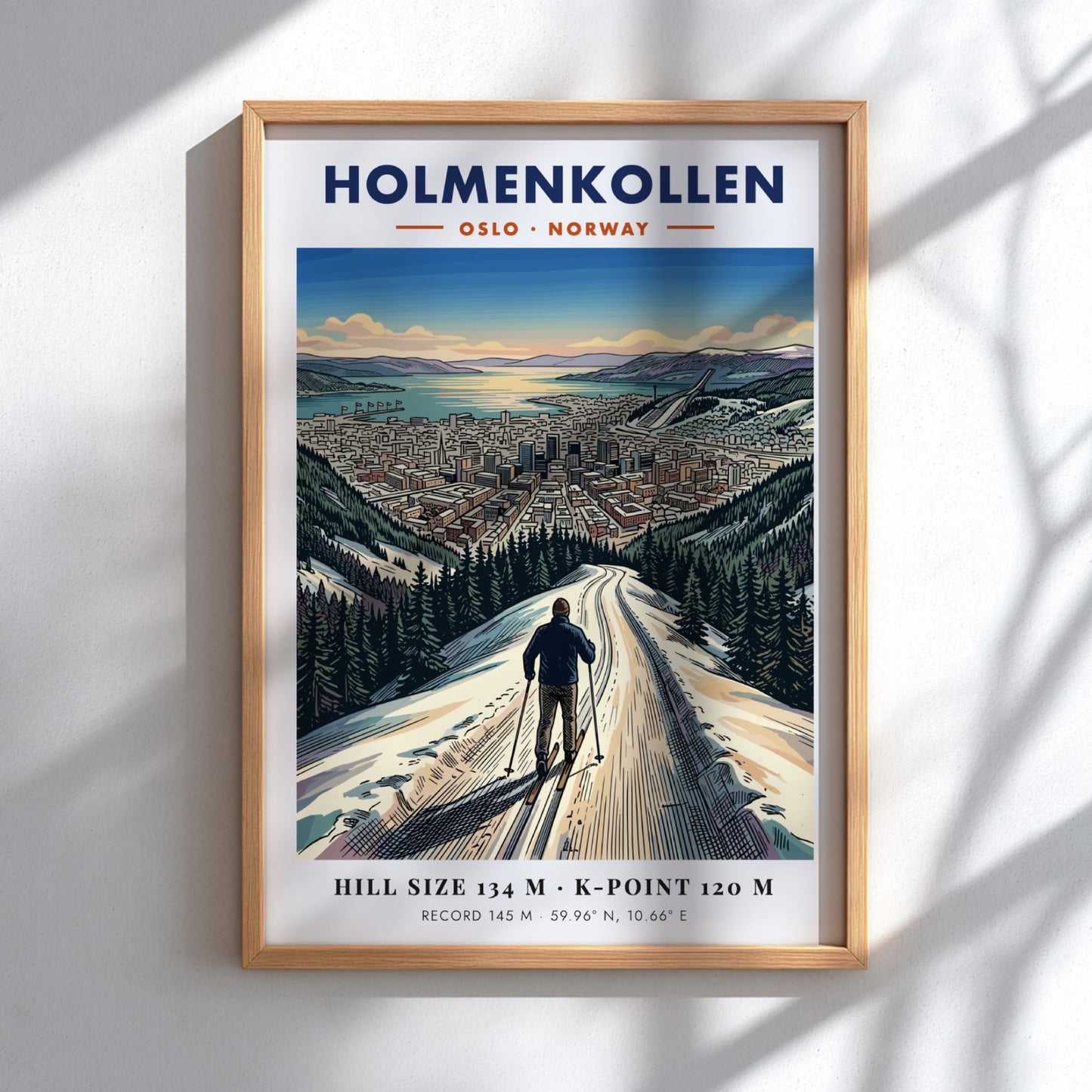 Poster of a skier looking over the city of Holmenkollen Oslo Norway landscape