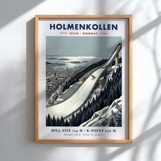Poster of the Holmenkollen ski jump in Oslo with evergreen trees and fjord scenery.