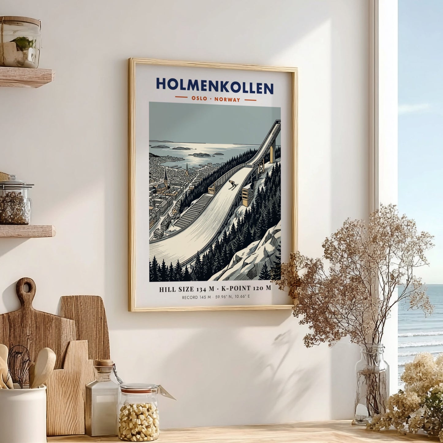 Poster of the Holmenkollen ski jump in Oslo with evergreen trees and fjord scenery.