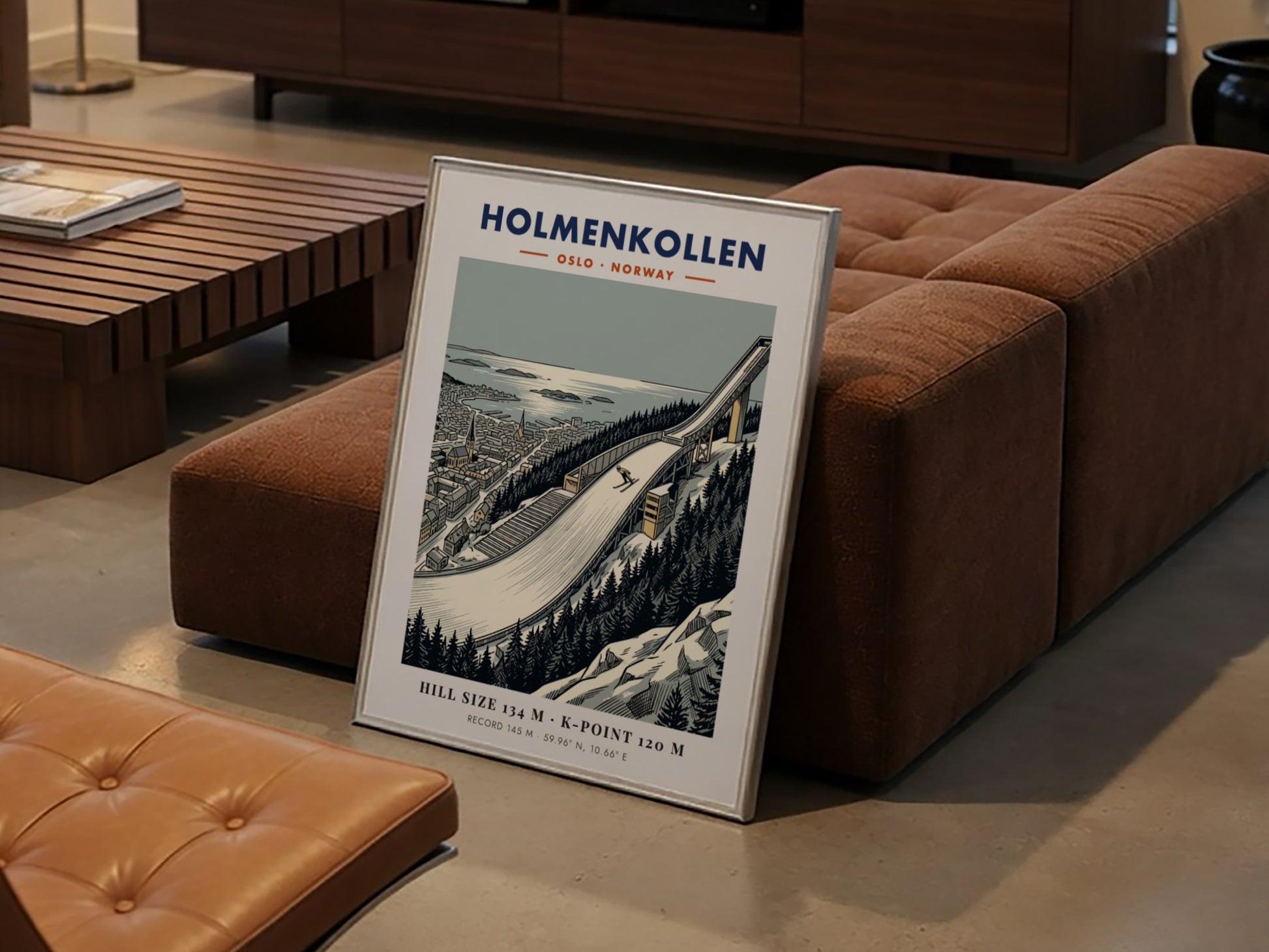 Poster of the Holmenkollen ski jump in Oslo with evergreen trees and fjord scenery.