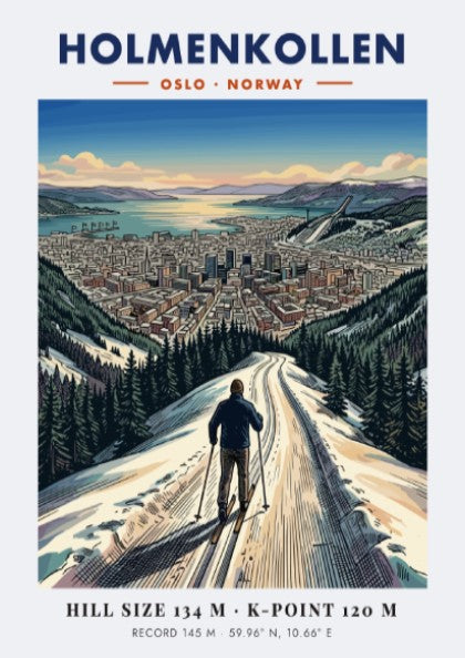 Poster of a skier looking over the city of Holmenkollen Oslo Norway landscape