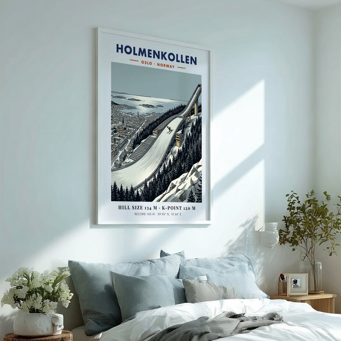 Poster of the Holmenkollen ski jump in Oslo with evergreen trees and fjord scenery.