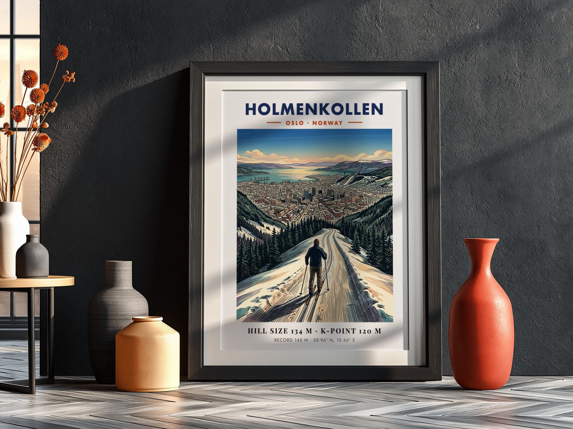 Poster of a skier looking over the city of Holmenkollen Oslo Norway landscape