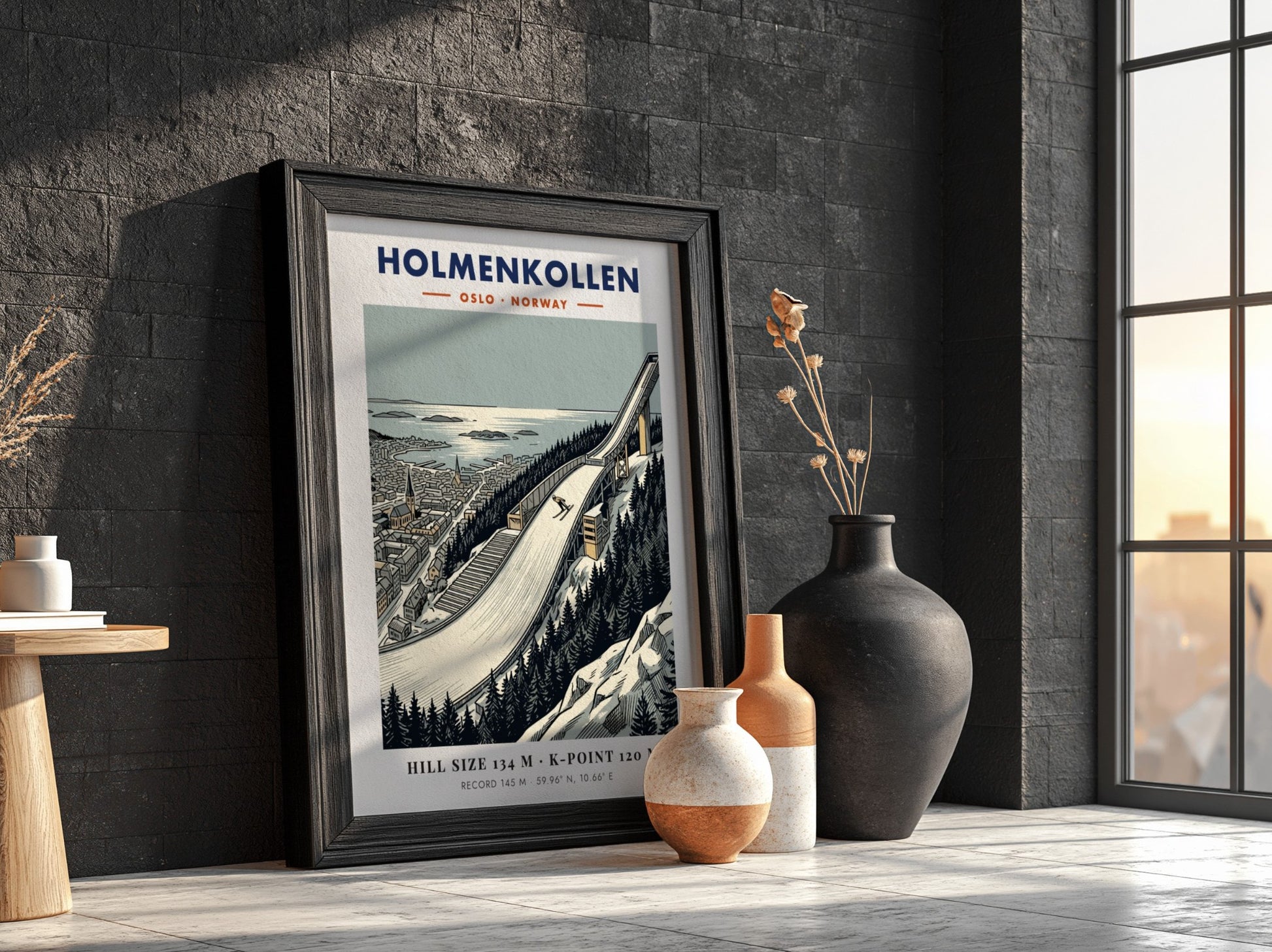 Poster of the Holmenkollen ski jump in Oslo with evergreen trees and fjord scenery.