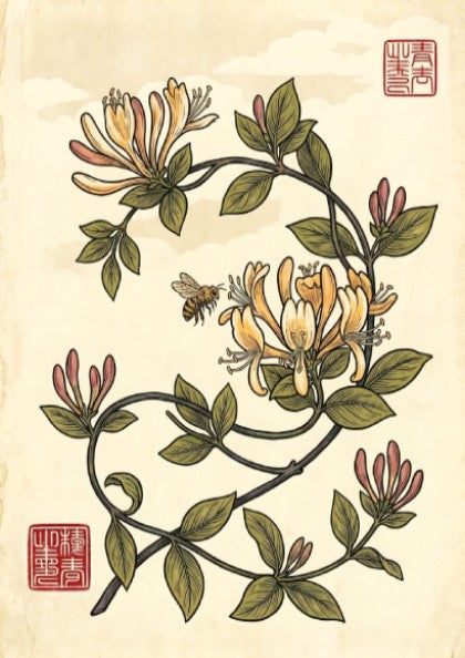 Japanese art style poster featuring honeysuckle vines and a bee in warm colors