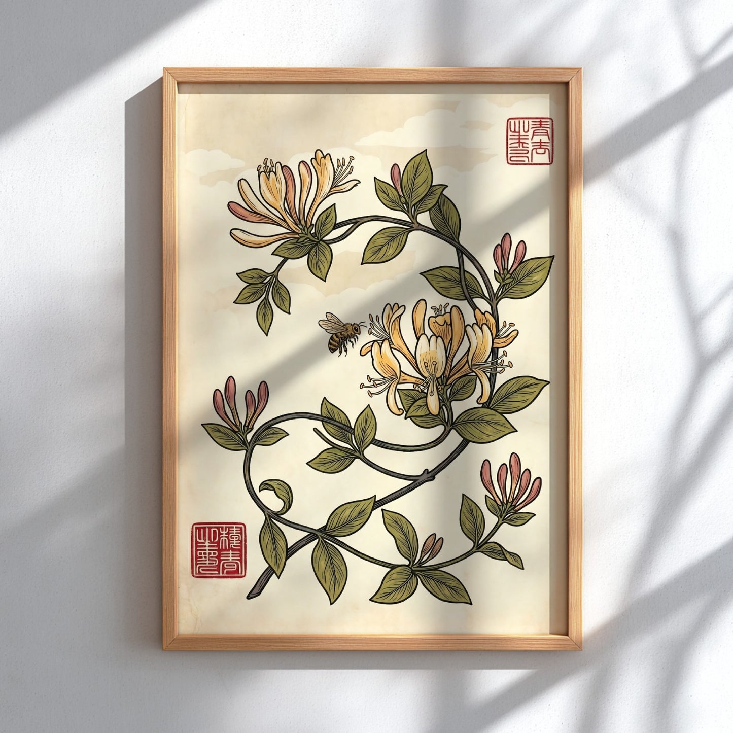 Japanese art style poster featuring honeysuckle vines and a bee in warm colors